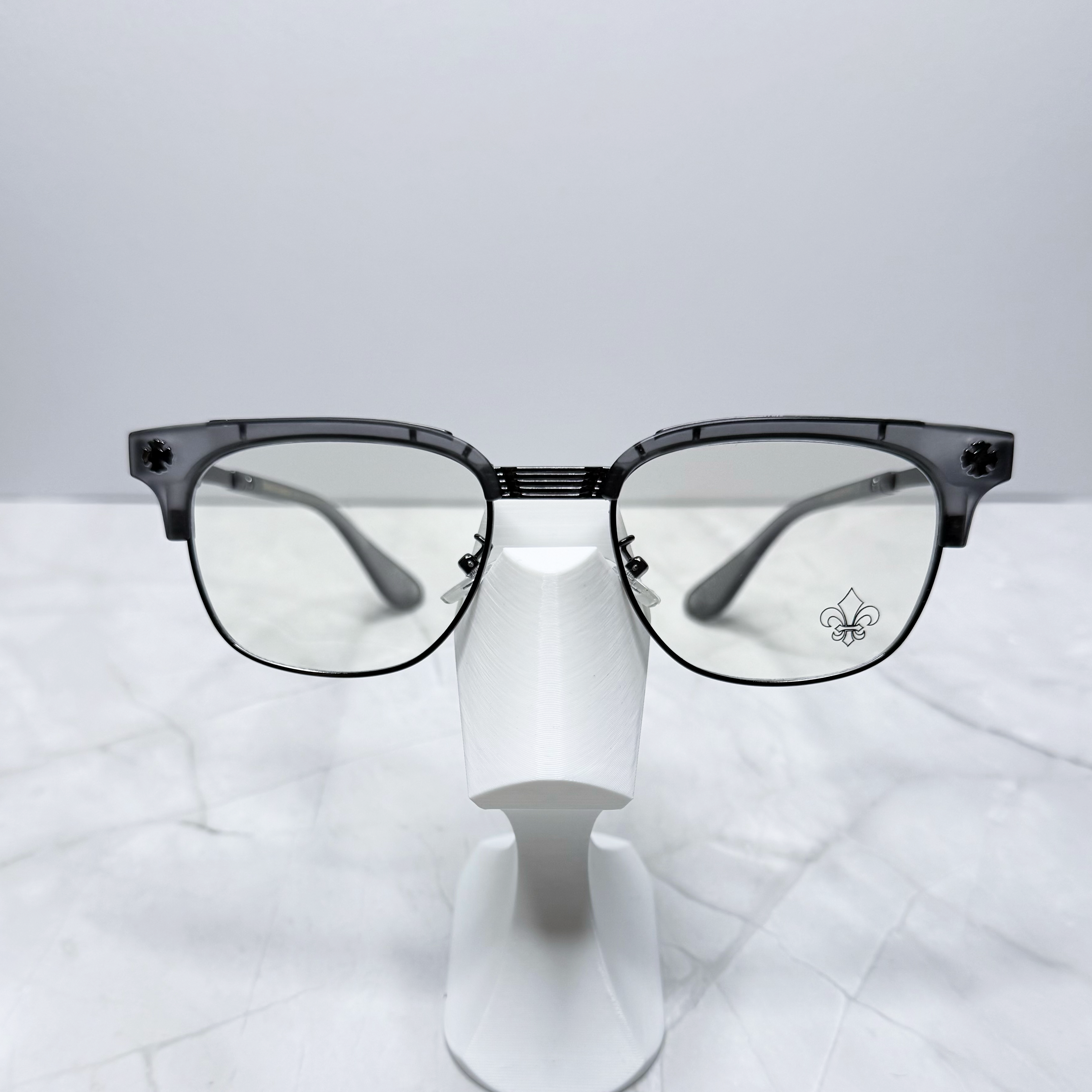 #E18: Chrome Hearts Fleur-De-Lis Anti-Blue Lens Glasses (Gray & Black)