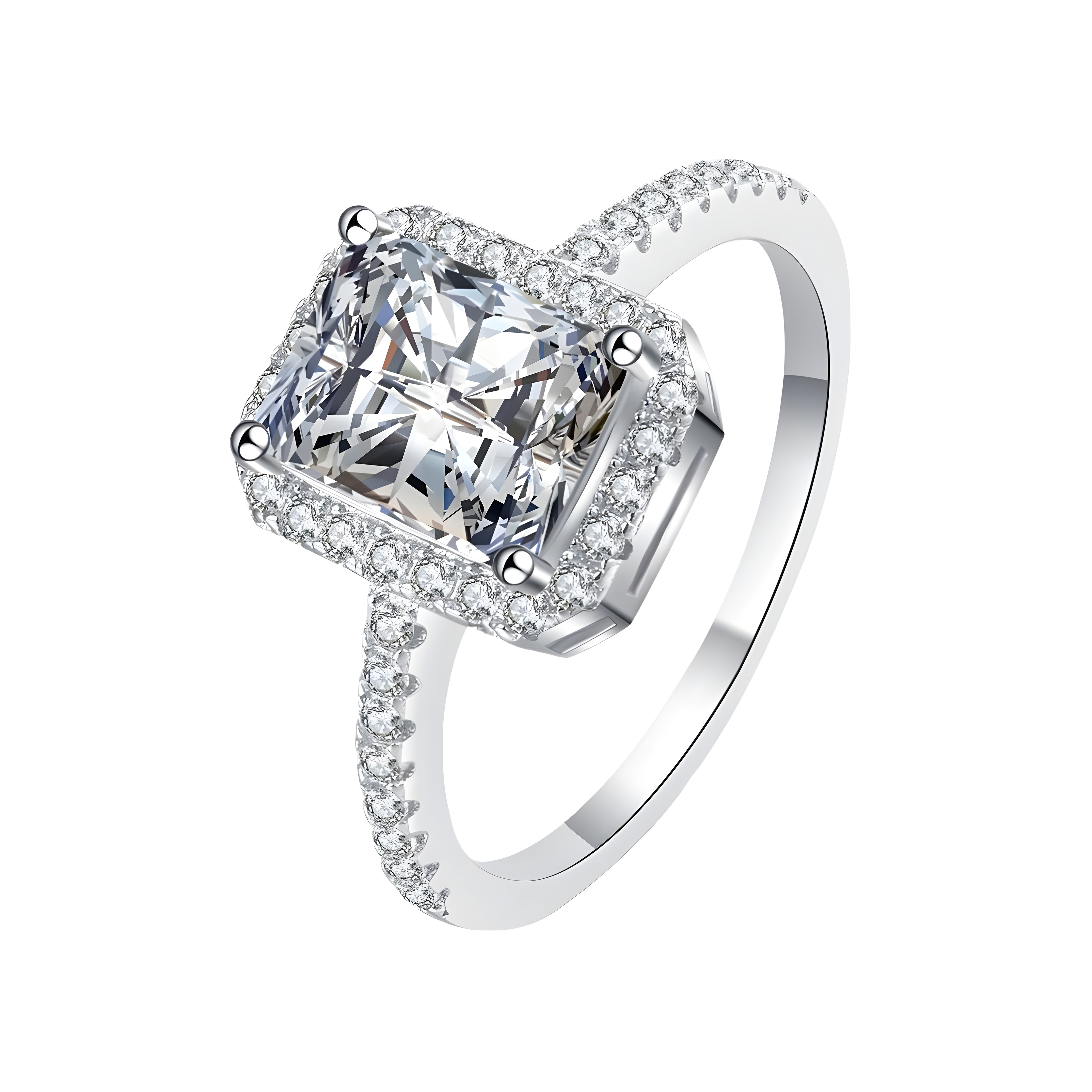 Radiant Cut Moissanite Halo Pave 925 Ring (Sterling Silver)