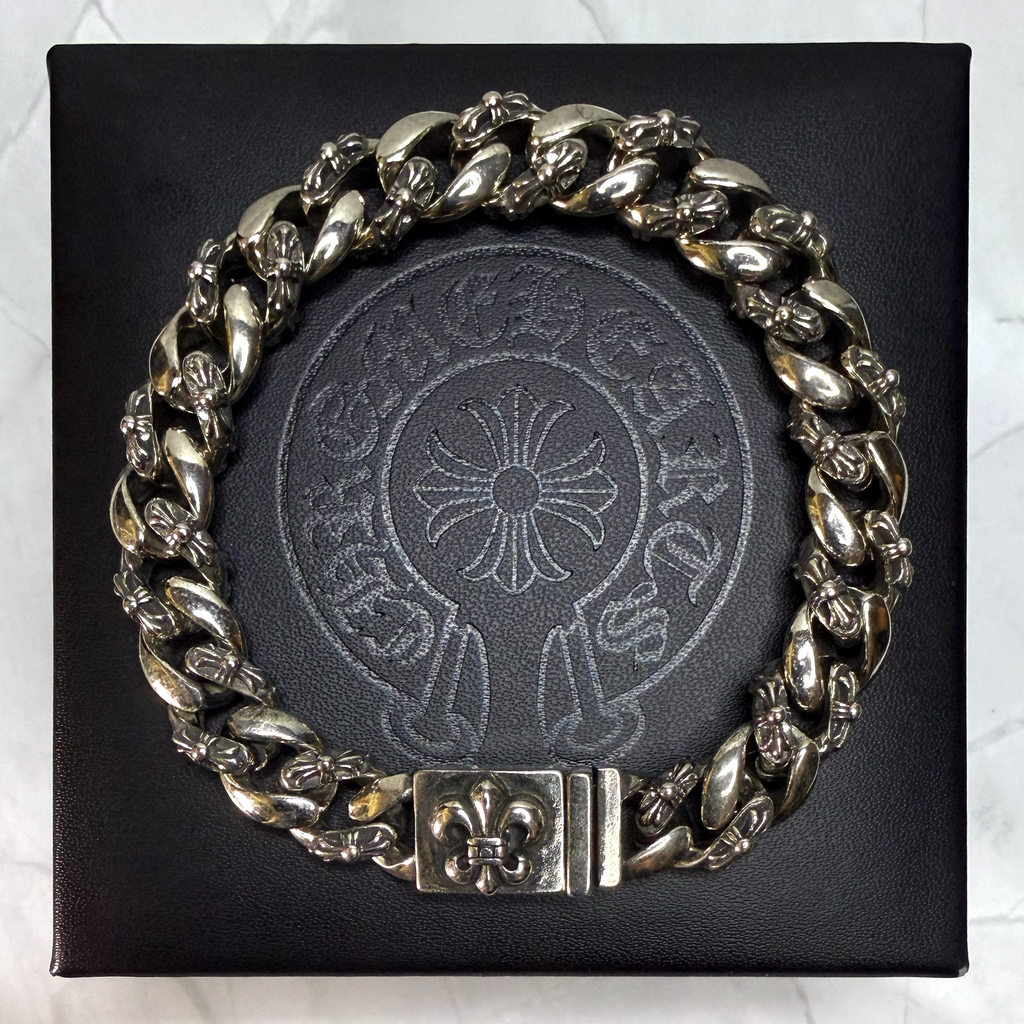 #CB6-2: Chrome Hearts Fleur-De-Lis Emblem Some Cross Cuban Bracelet (Gold-Filled)