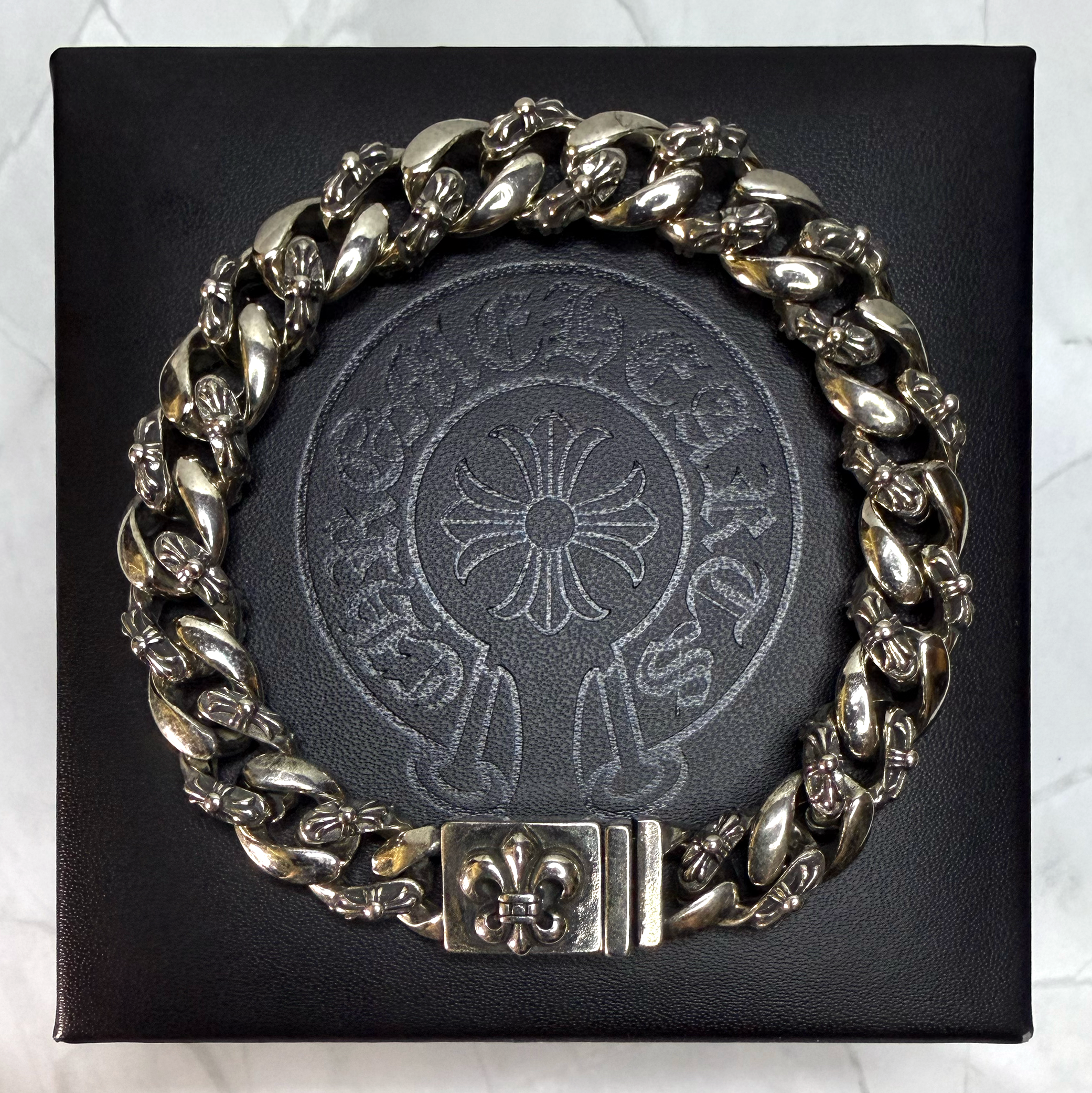 #CB6-2: Chrome Hearts Fleur-De-Lis Emblem Some Cross Cuban Bracelet (Gold-Filled)
