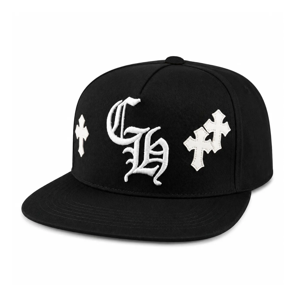 Chrome Hearts Embroidered "CH" Cross Patch Black Snapback Cap (Without Top Cross Button)