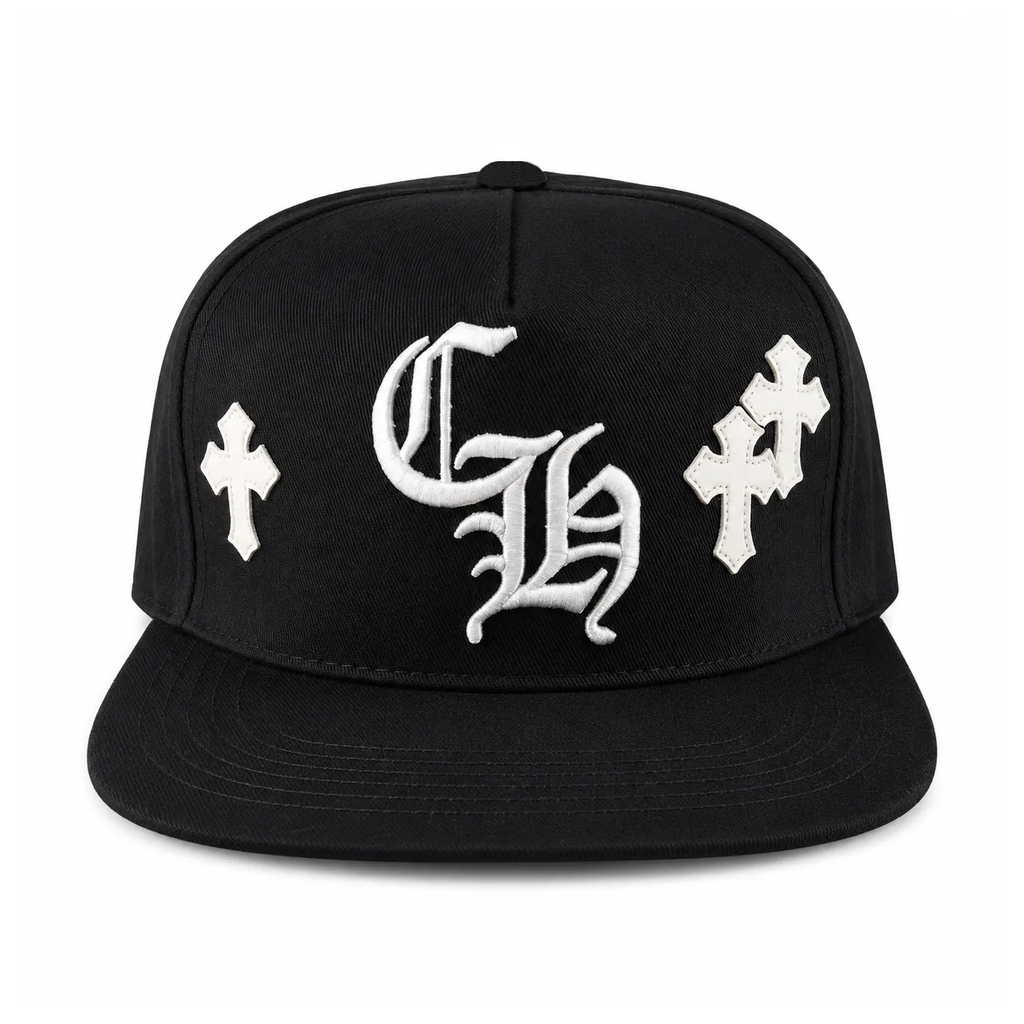 Chrome Hearts Embroidered "CH" Cross Patch Black Snapback Cap (Without Top Cross Button)
