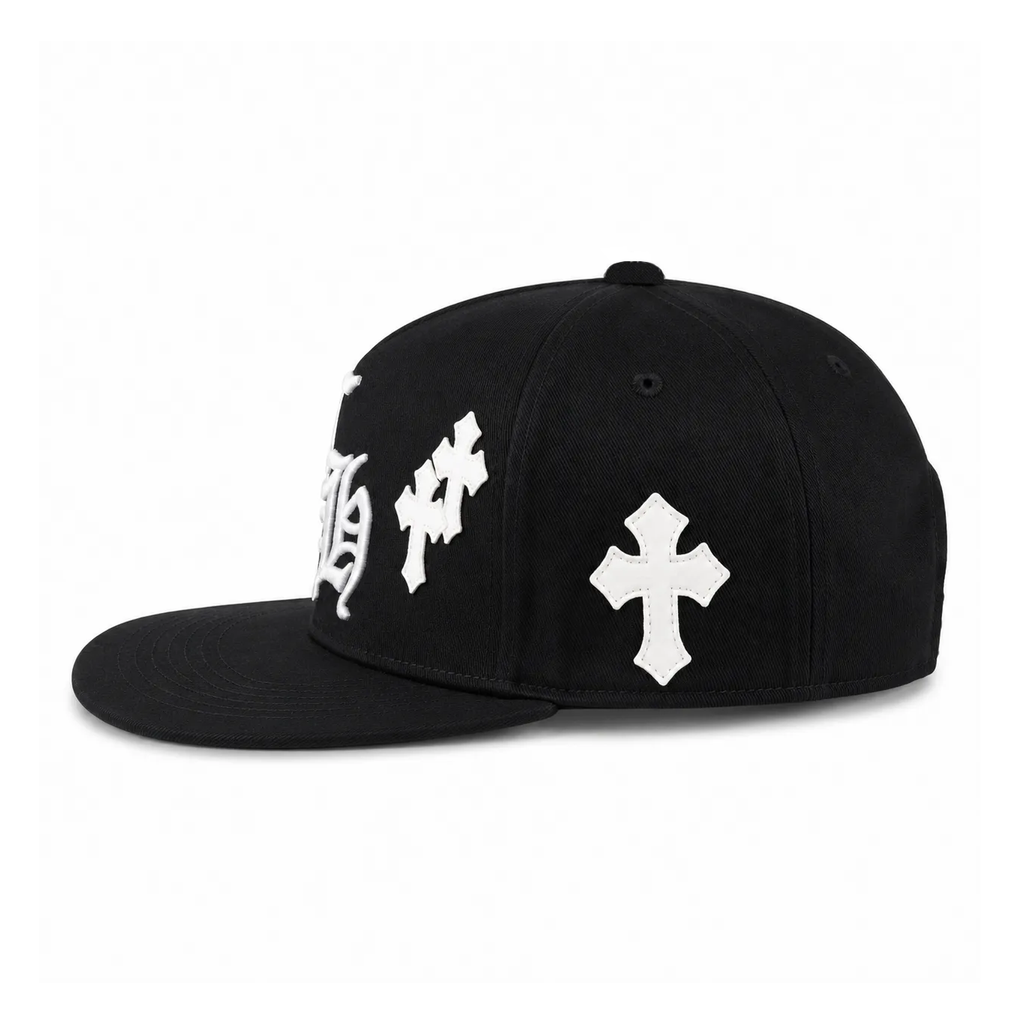 Chrome Hearts Embroidered "CH" Cross Patch Black Snapback Cap (Without Top Cross Button)