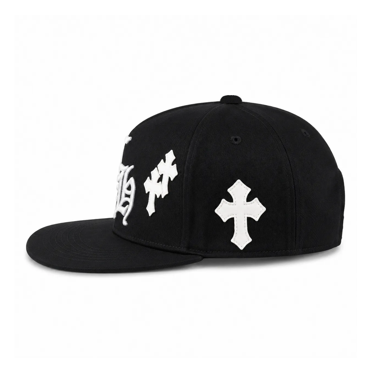 Chrome Hearts Embroidered "CH" Cross Patch Black Snapback Cap (Without Top Cross Button)