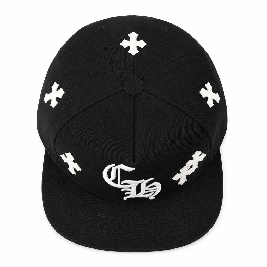 Chrome Hearts Embroidered "CH" Cross Patch Black Snapback Cap (Without Top Cross Button)
