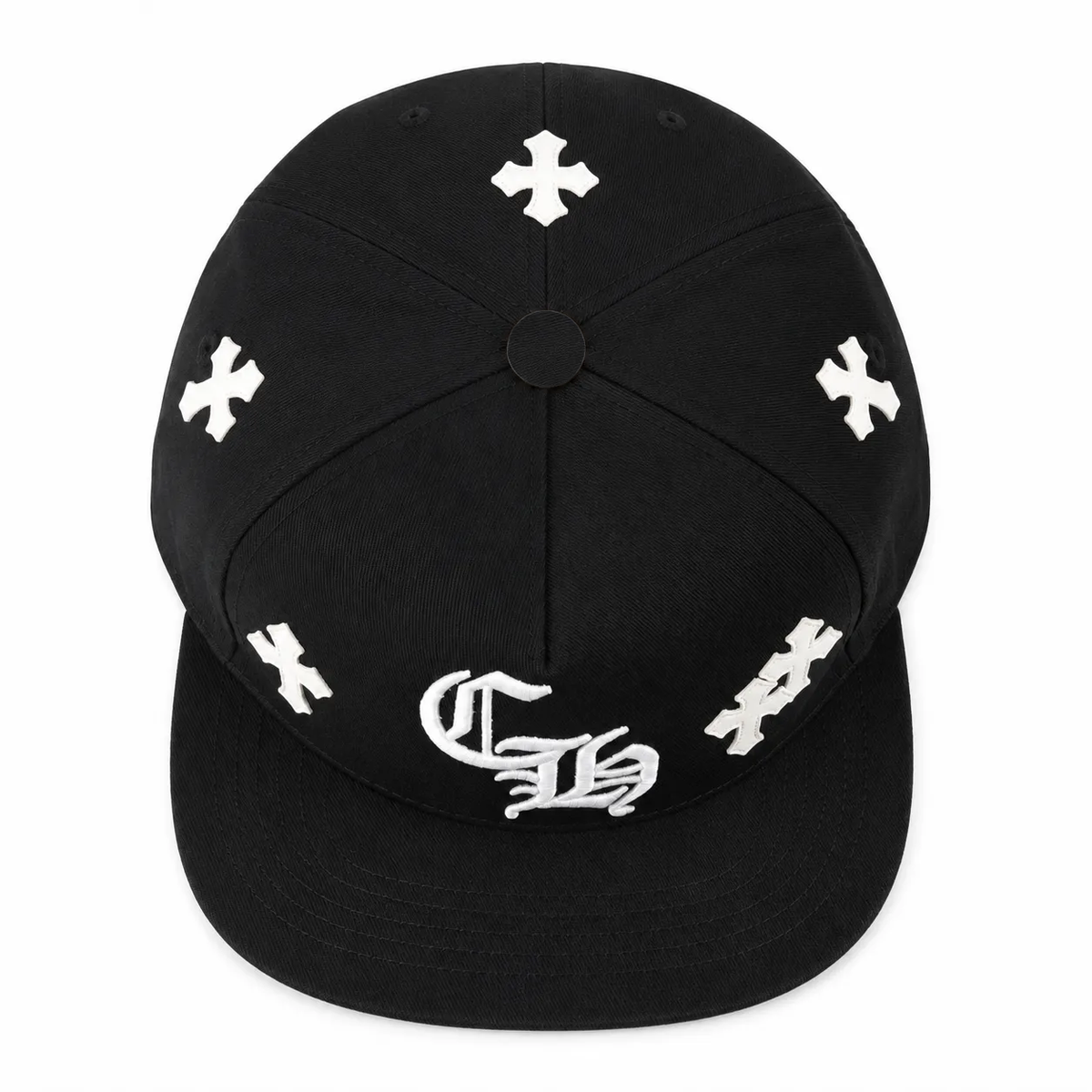 Chrome Hearts Embroidered "CH" Cross Patch Black Snapback Cap (Without Top Cross Button)