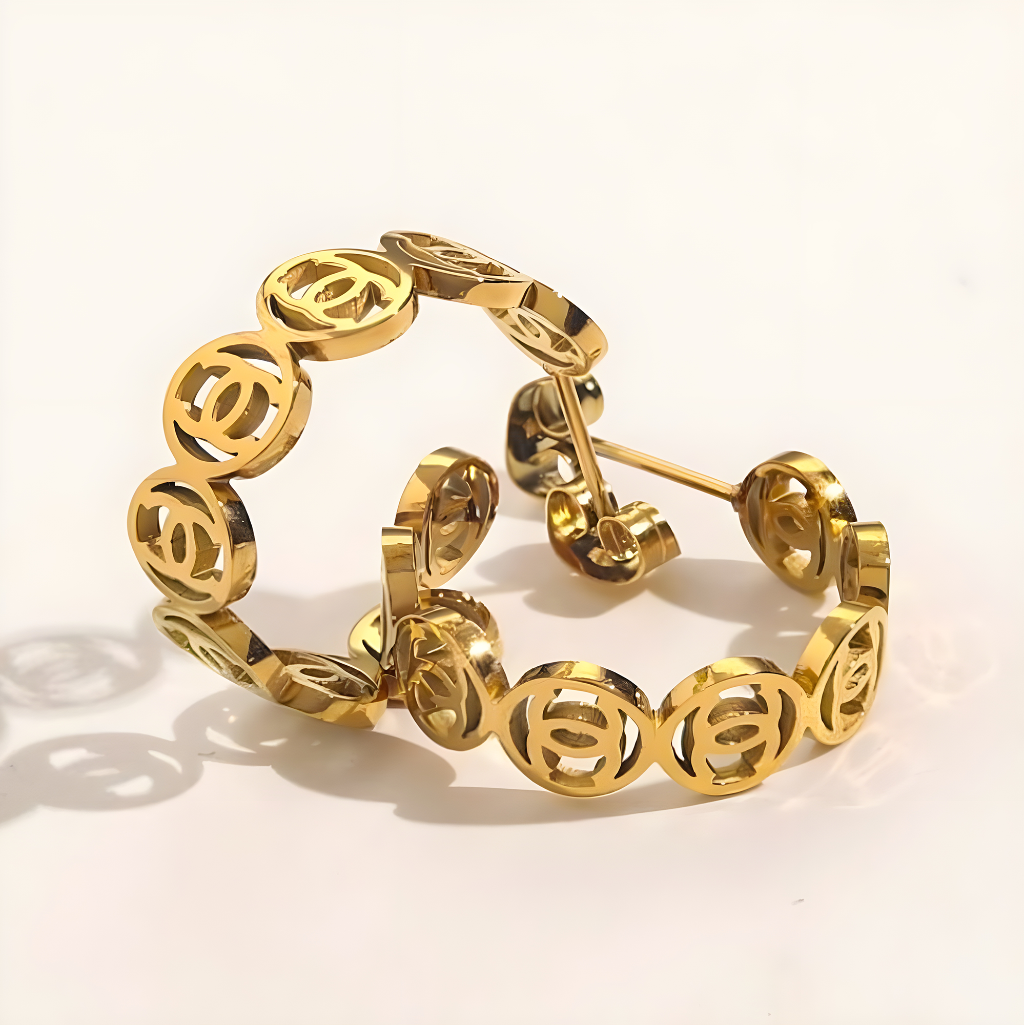Chanel Gold Emblem Hoop Earrings (Stainless Steel)