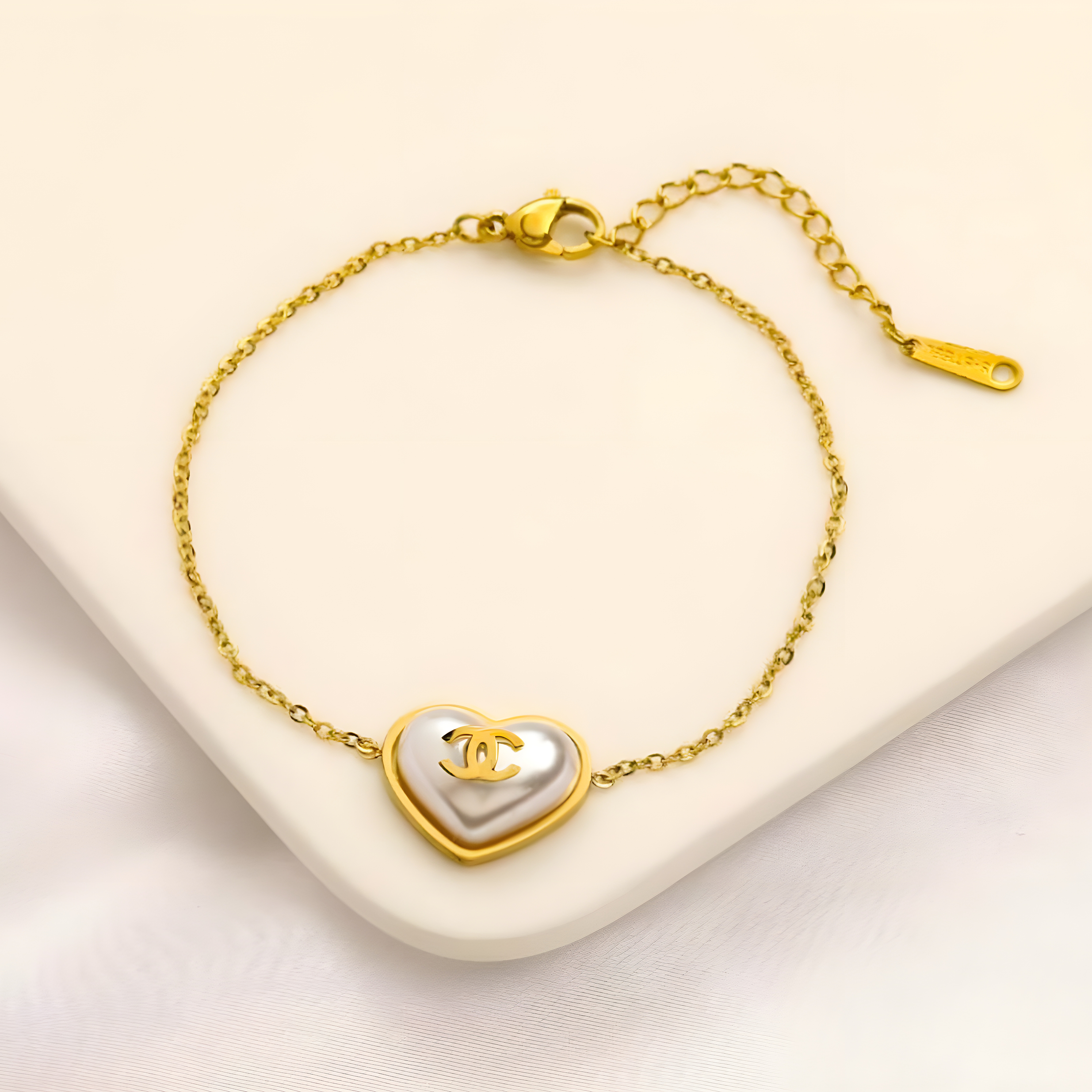 Chanel Gold Pearl Heart Bracelet (Stainless Steel)