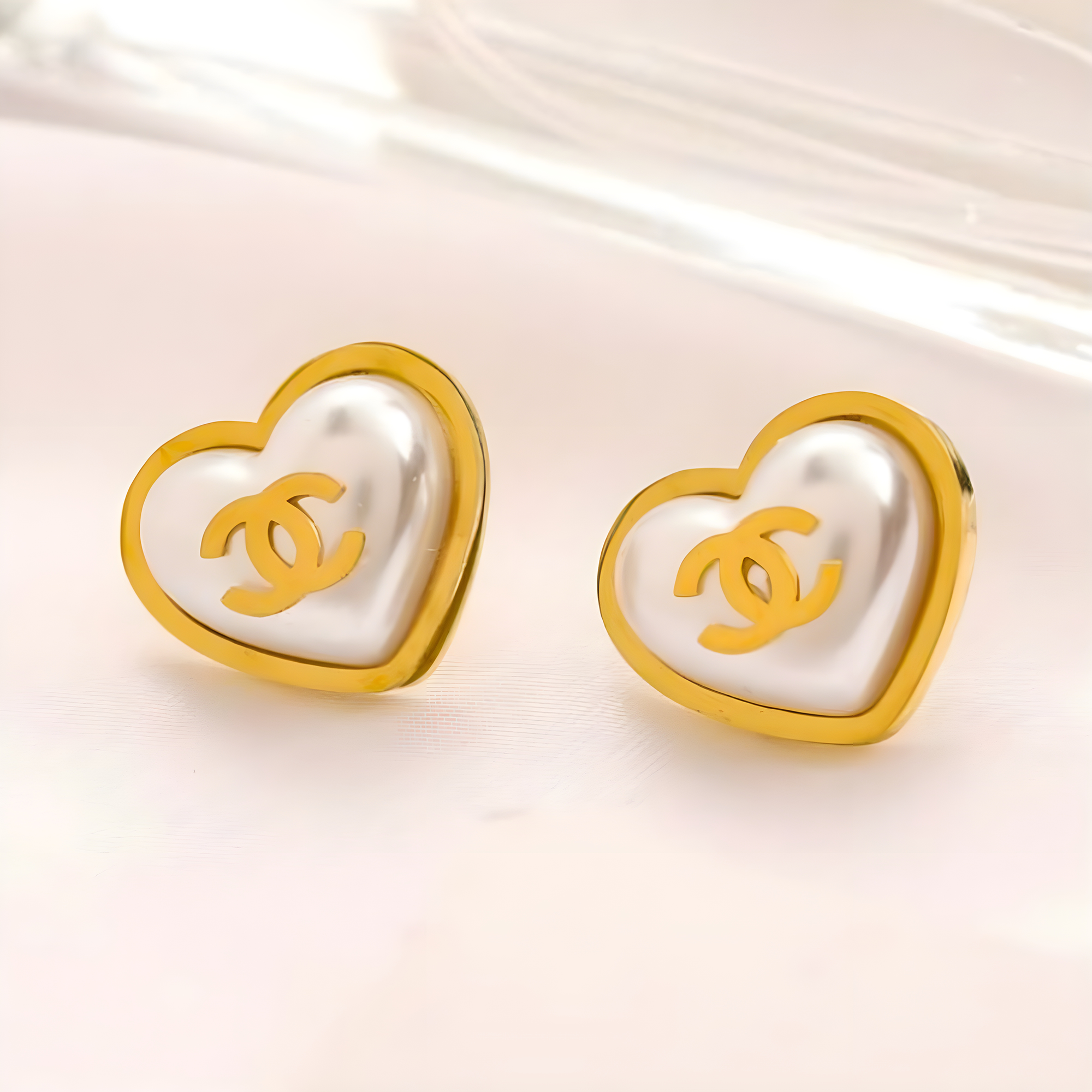 Chanel Gold Pearl Heart Earrings (Stainless Steel)