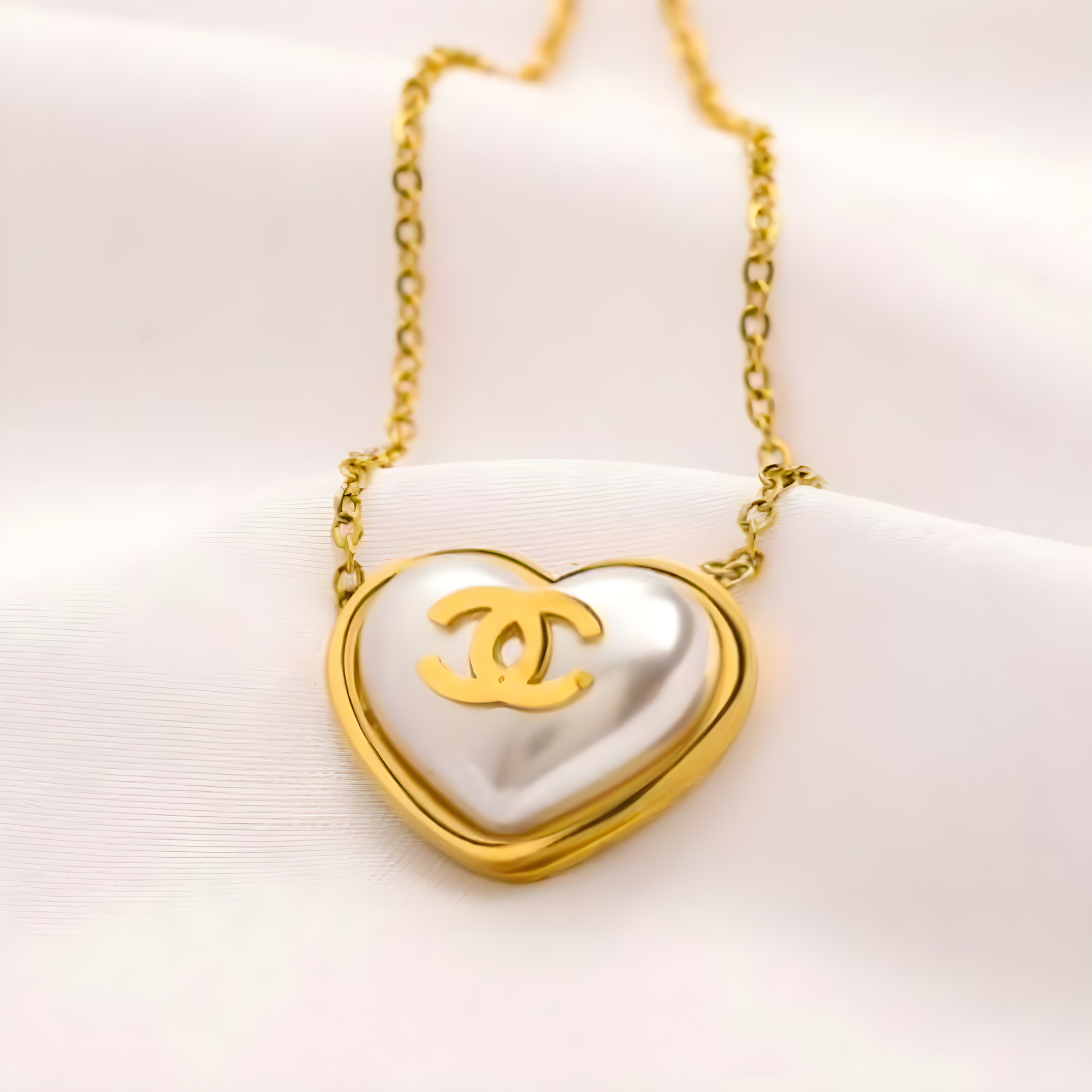 Chanel Gold Pearl Heart Necklace (Stainless Steel)