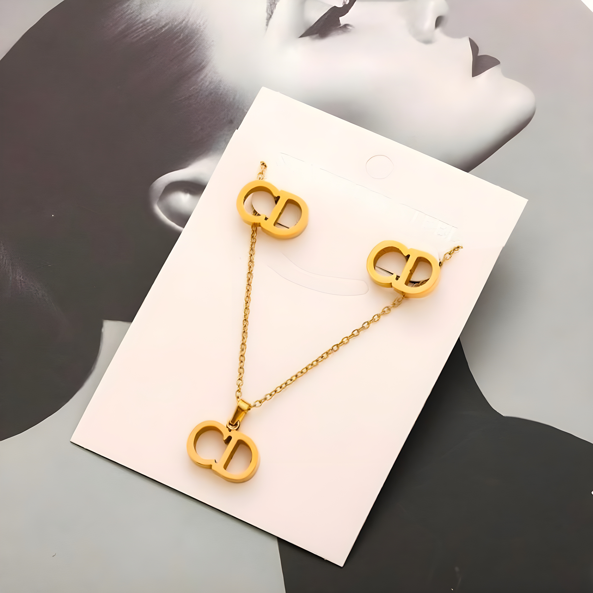 Dior Gold Emblem Necklace & Earrings Set (Stainless Steel)