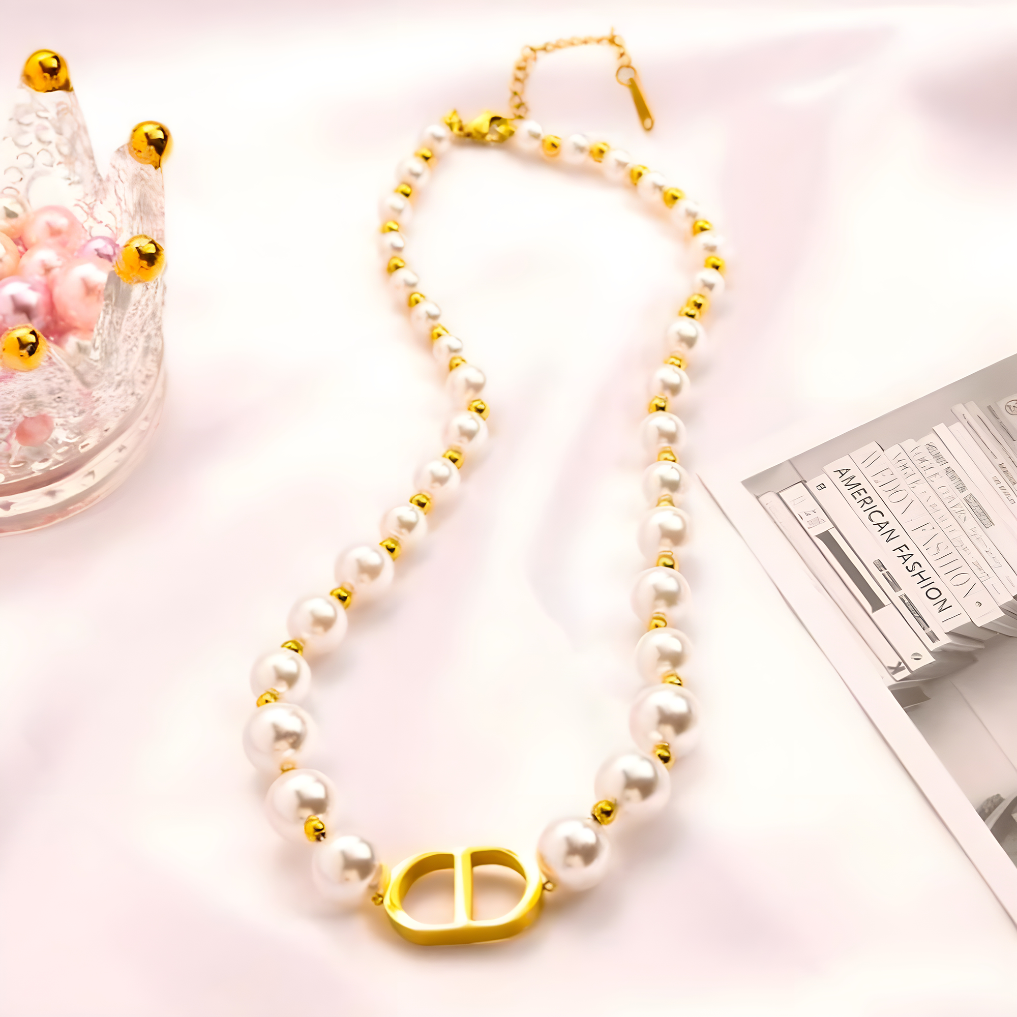 Dior Gold Pearl Necklace (Stainless Steel)