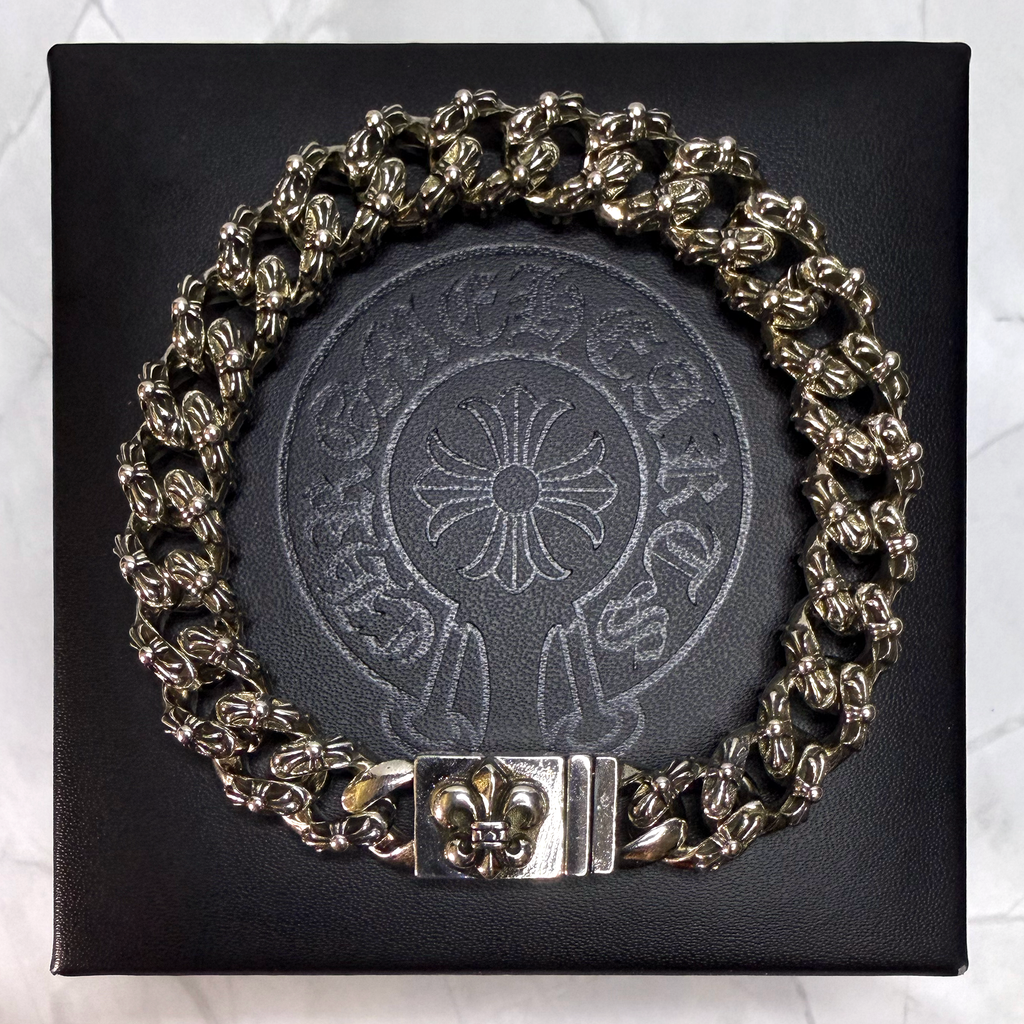 #CB6-3: Chrome Hearts Fleur-De-Lis Emblem More Cross Cuban Bracelet (Gold-Filled)