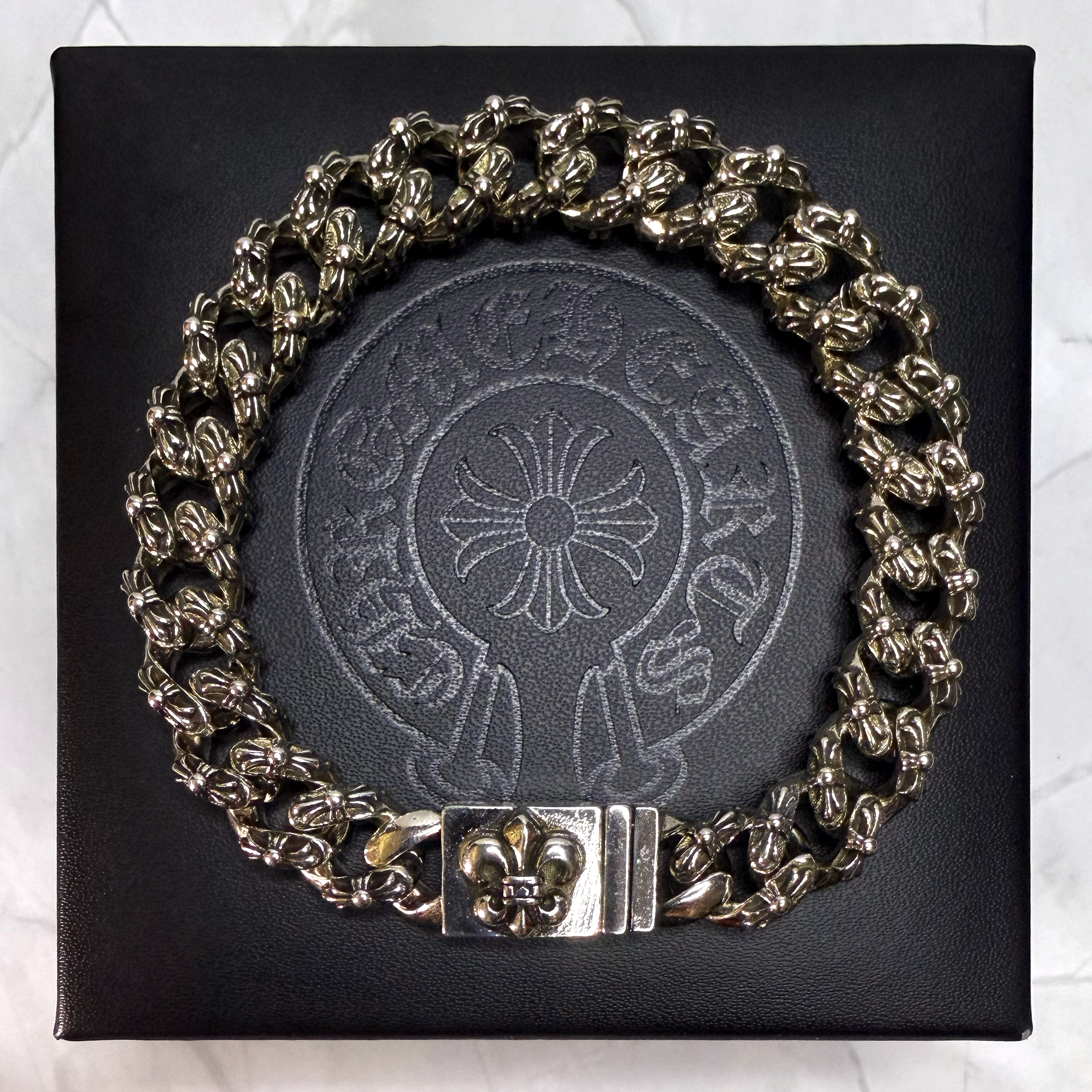 #CB6-3: Chrome Hearts Fleur-De-Lis Emblem More Cross Cuban Bracelet (Gold-Filled)