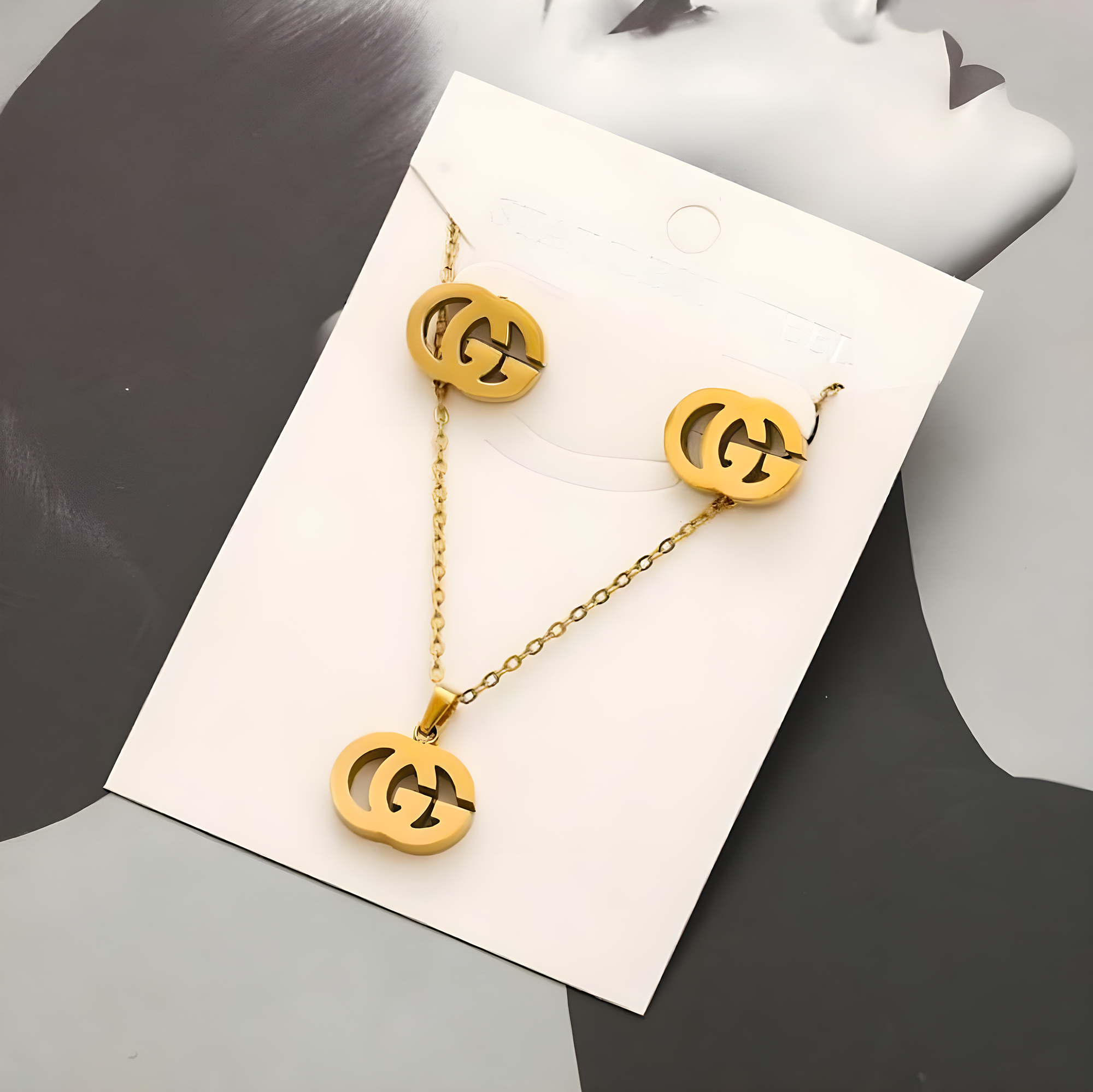 Gucci Gold Emblem Necklace & Earrings Set (Stainless Steel)