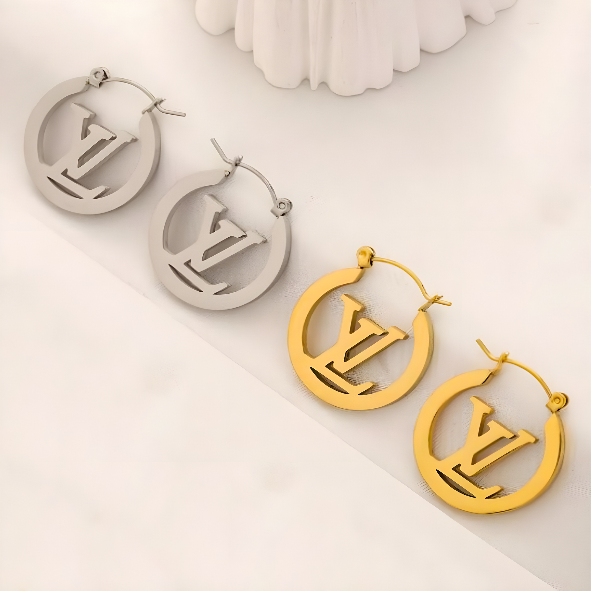 LV Drop Emblem Hoop Earrings (Stainless Steel)