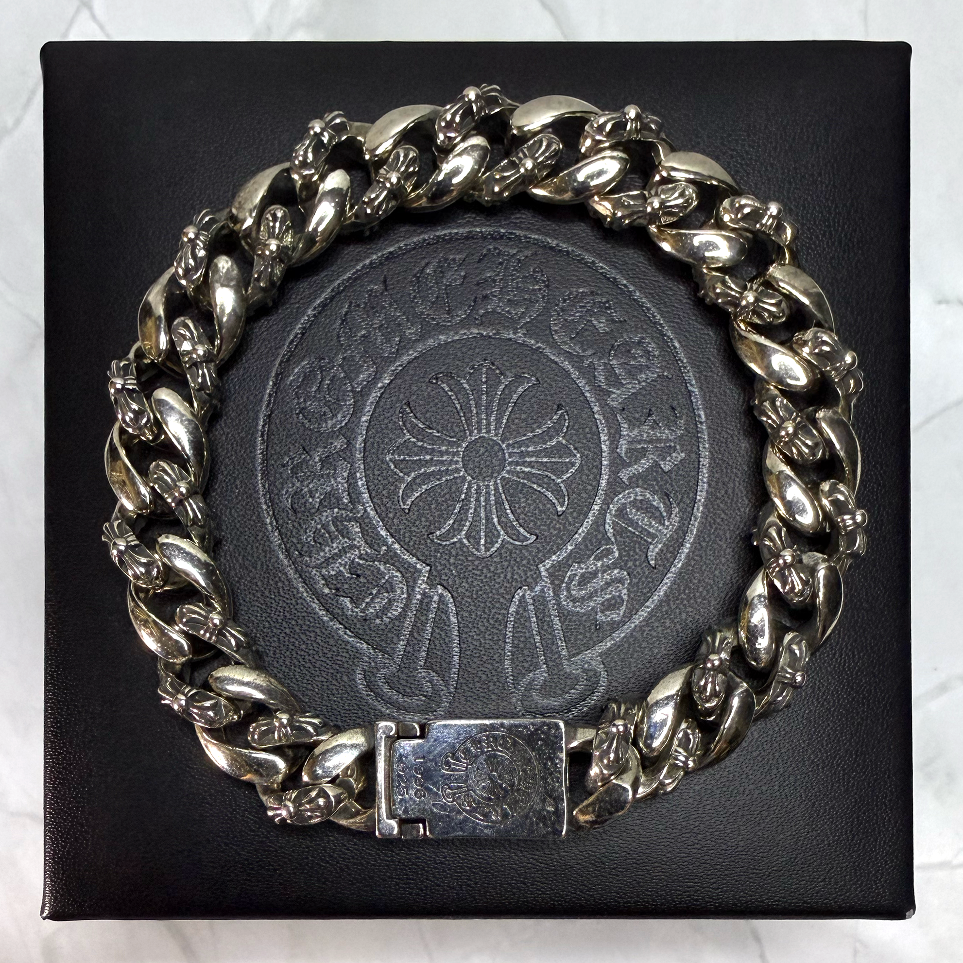 #CB6-2: Chrome Hearts Fleur-De-Lis Emblem Some Cross Cuban Bracelet (Gold-Filled)