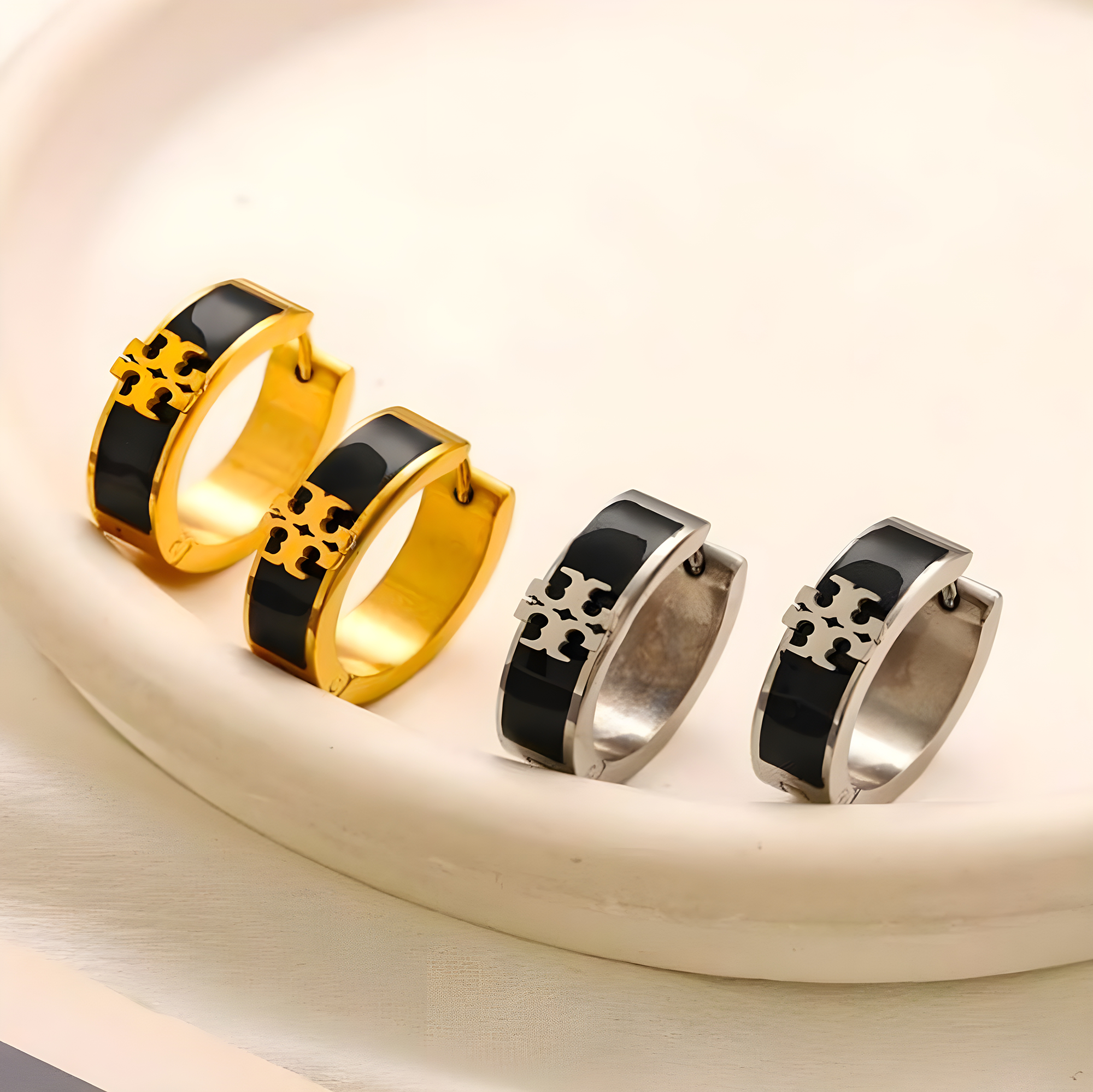 Tory Burch Emblem Hoop Earrings (Stainless Steel)