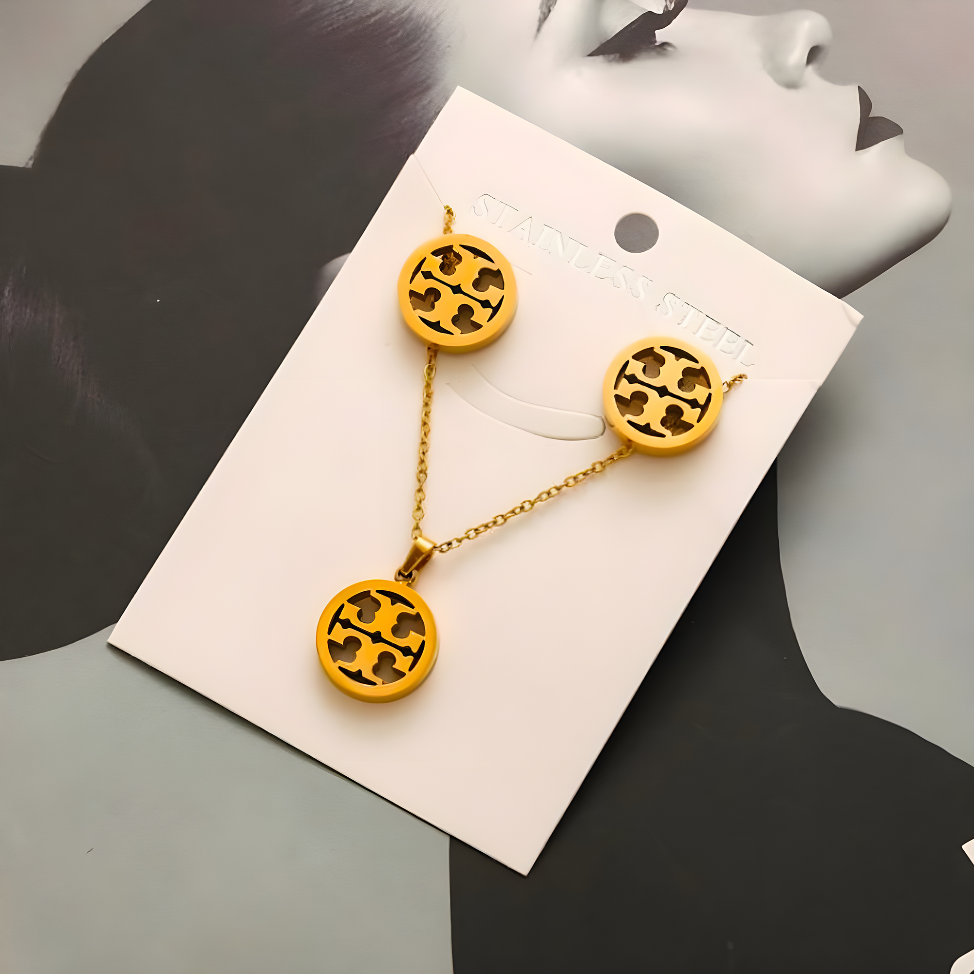 Tory Burch Gold Emblem Necklace & Earrings Set (Stainless Steel)