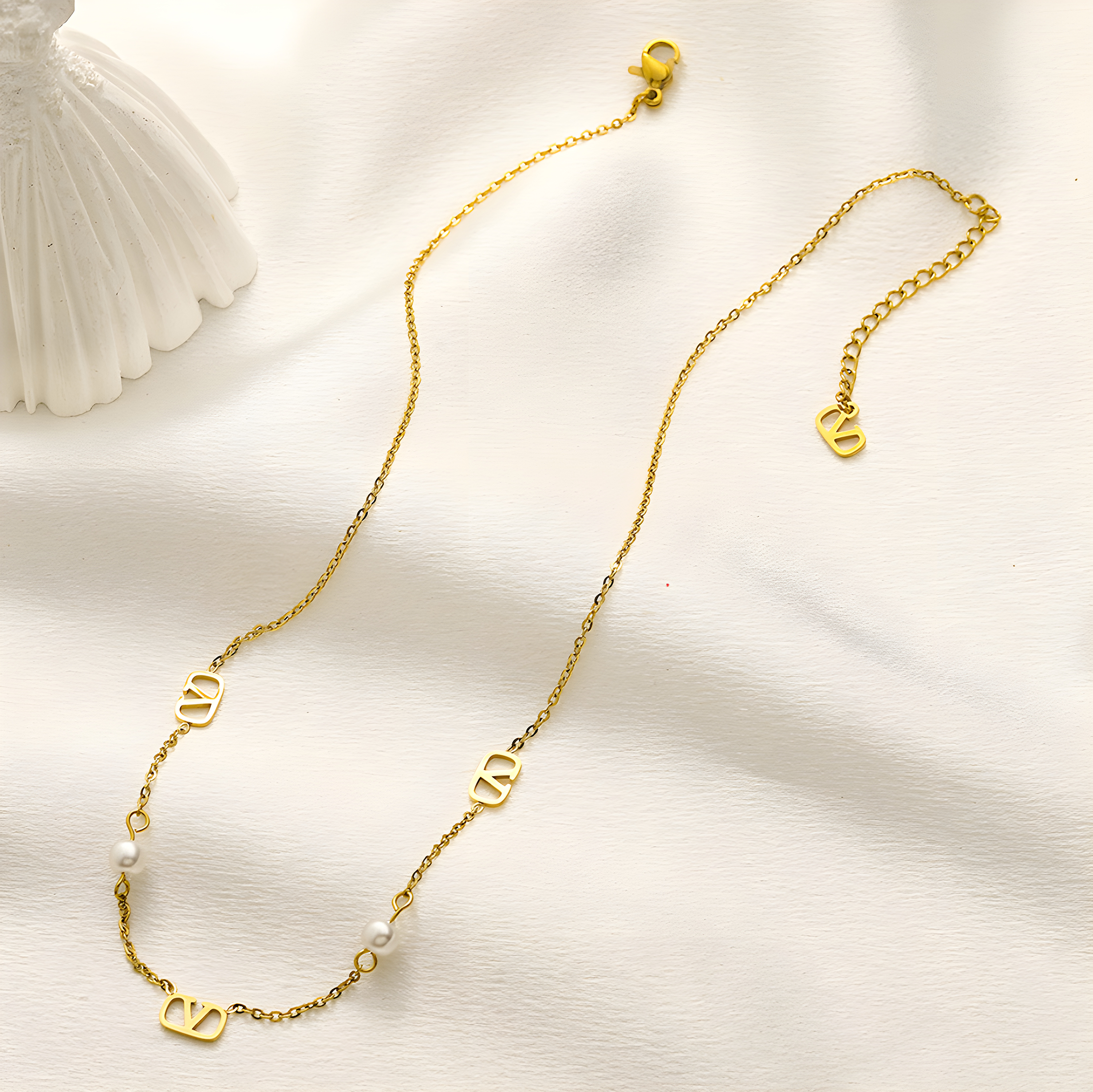 Valentino Dainty Gold Pearl Emblem Necklace (Stainless Steel)