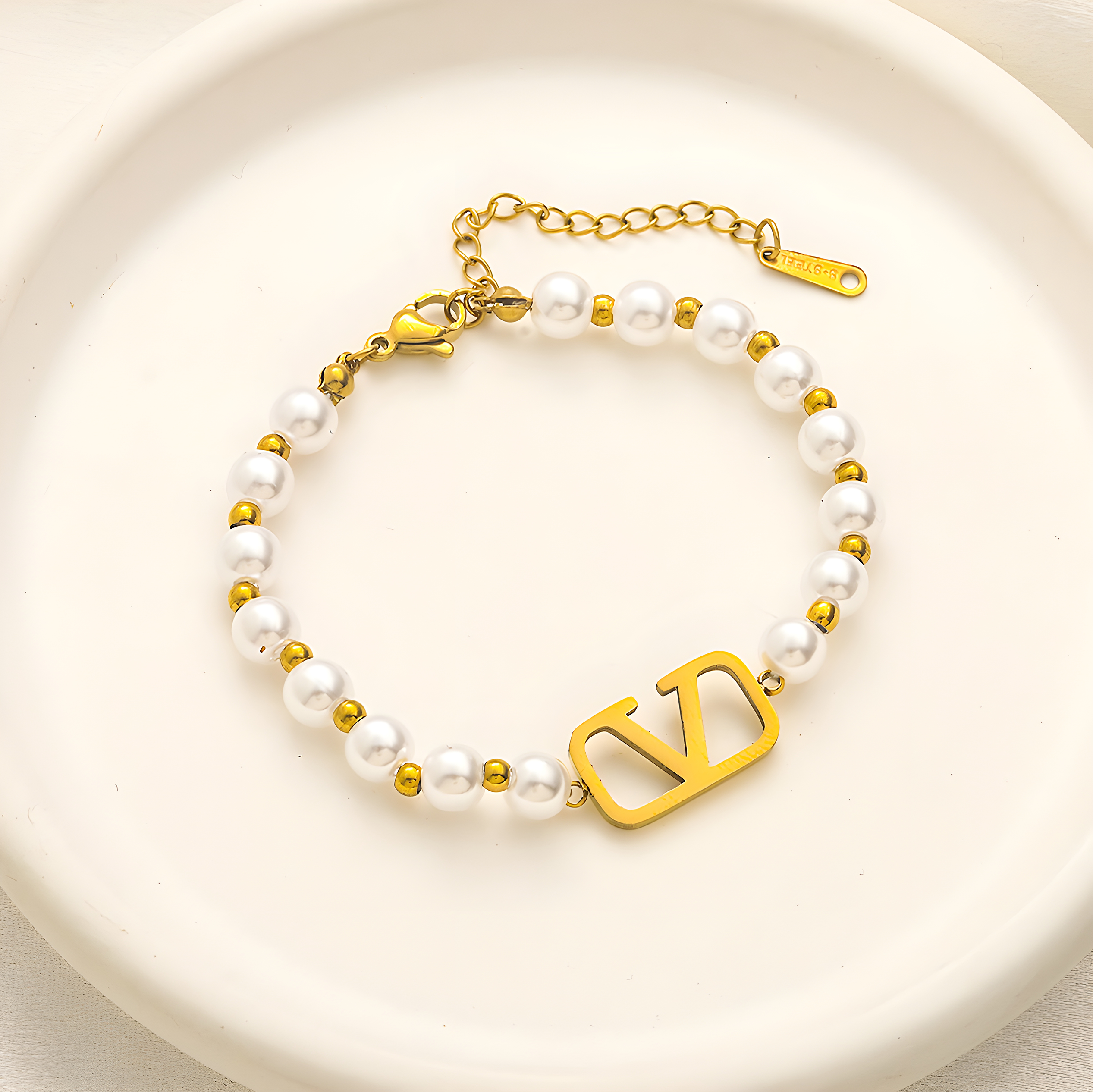Valentino Gold Pearl Emblem Bracelet (Stainless Steel)