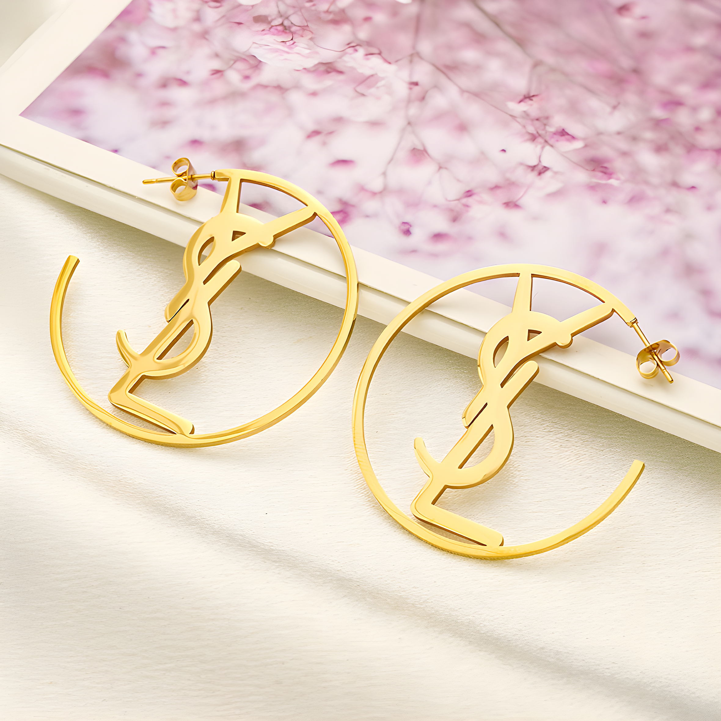 YSL Gold Emblem Hoop Earrings (Stainless Steel)