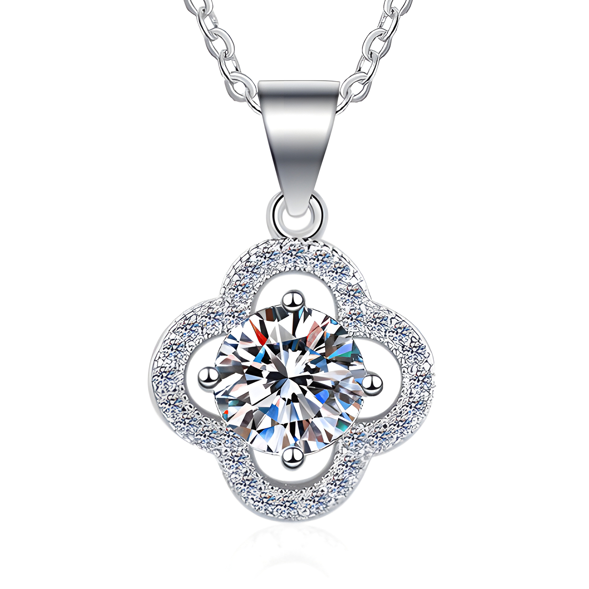 Carat Moissanite Clover Halo Pendant 925 18" Inch Necklace (Sterling Silver)